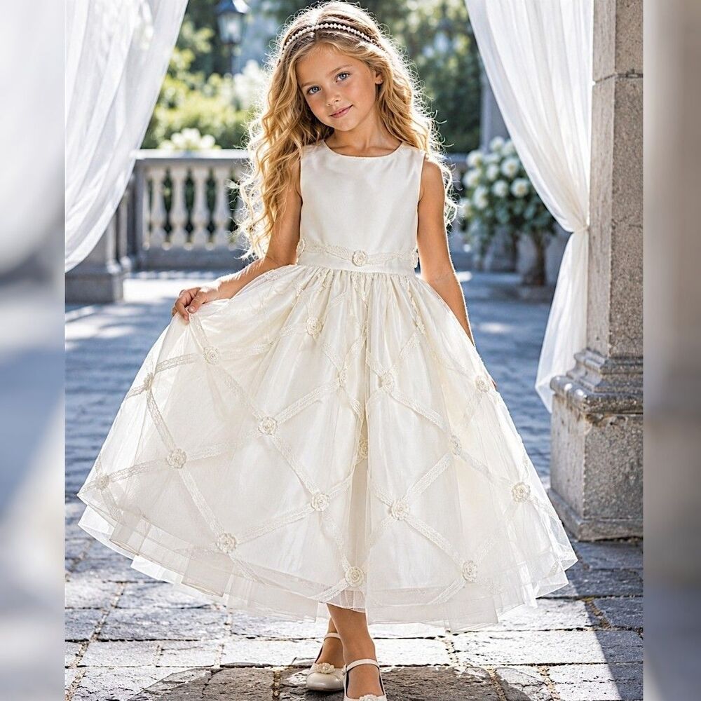 Cinderella 7 Ivory Flower Girl Dress Lace Tulle Pearl Communion Wedding Formal